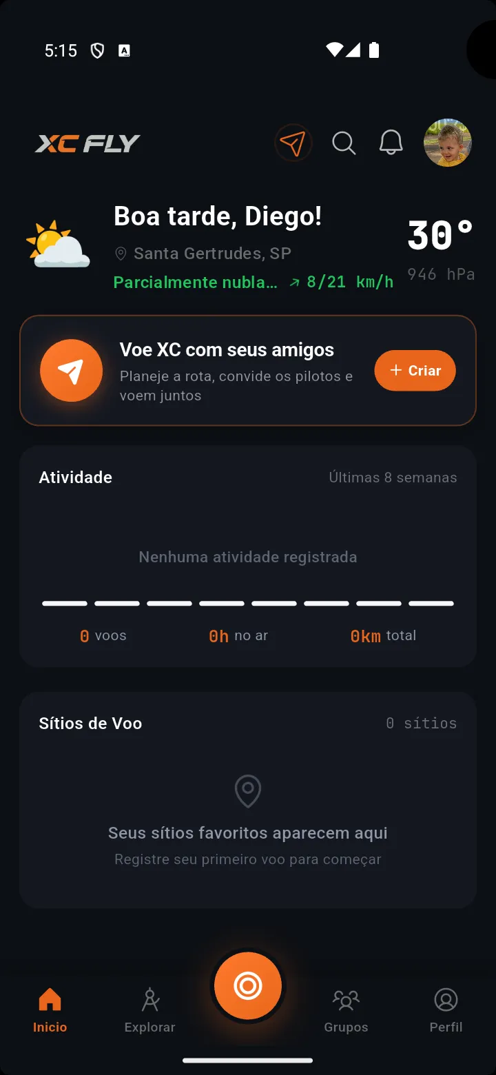XC Fly — tela inicial com clima, atividade e voos em grupo