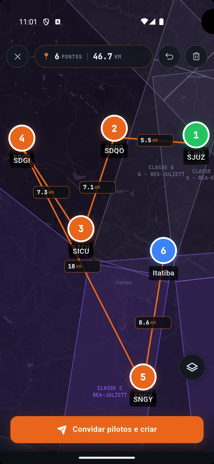 Tela do XC Fly mostrando uma rota de 6 waypoints e 46,7 km sendo desenhada no mapa aeronáutico
