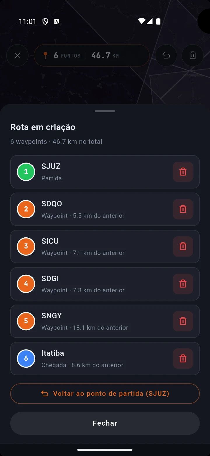 Tela de rota em criação com lista de waypoints e distâncias