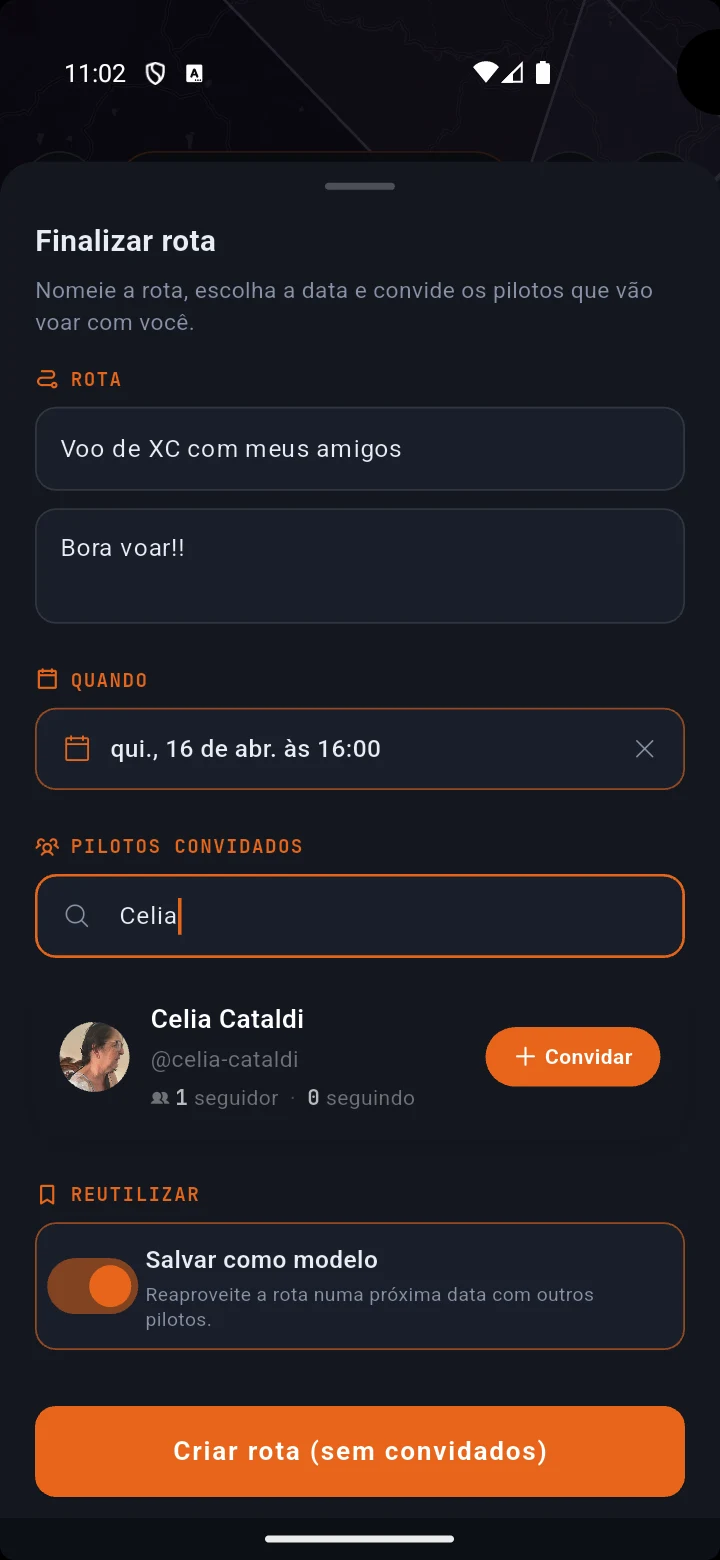 Tela de finalizar rota com campo de nome, data e convite de pilotos